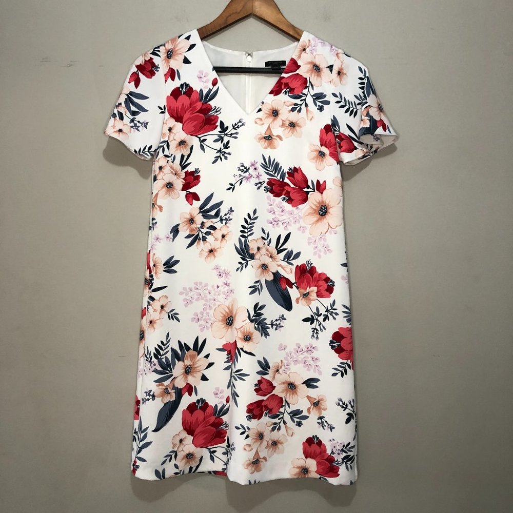Ann Taylor Petite Short Sleeve Vneck Shift Dress White/Floral XXSP